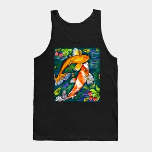 Best fishing gifts for fish lovers 2022. Koi fish pair couple swimming in koi pond with plants and flowers Tank Top